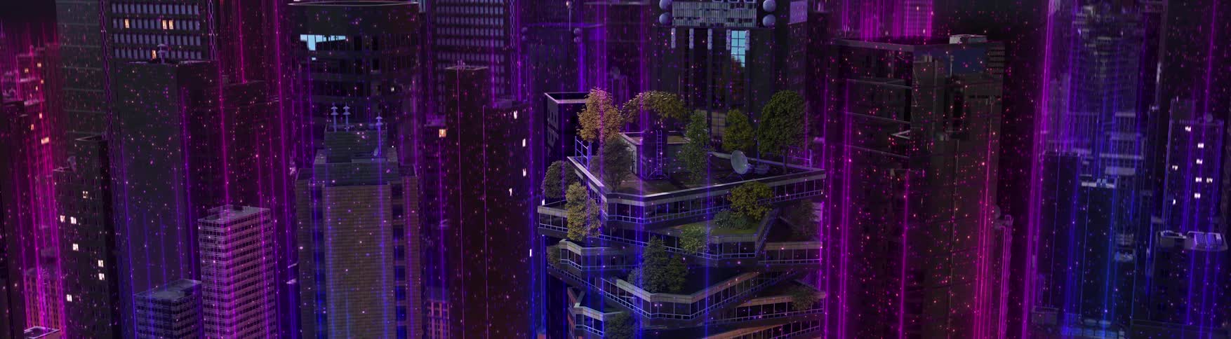 Aerial view of an animated city skyline bustling with purple lights and life