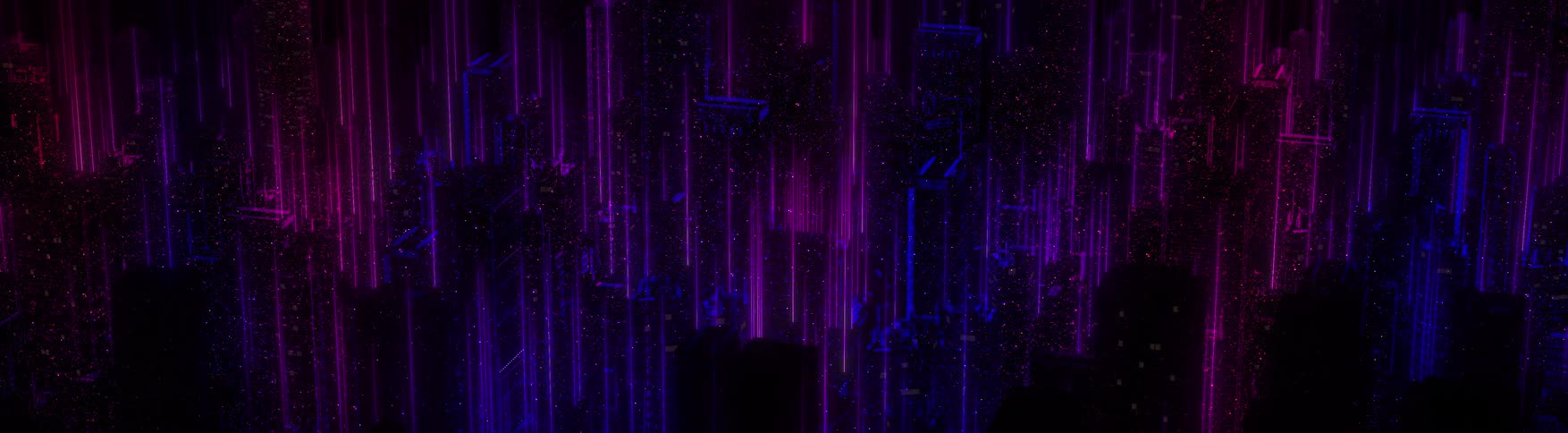 Digital animation of buildings with dark blue and purple colorations
