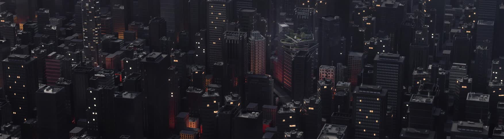 An aerial view captures an animated city skyline bustling with lights and life