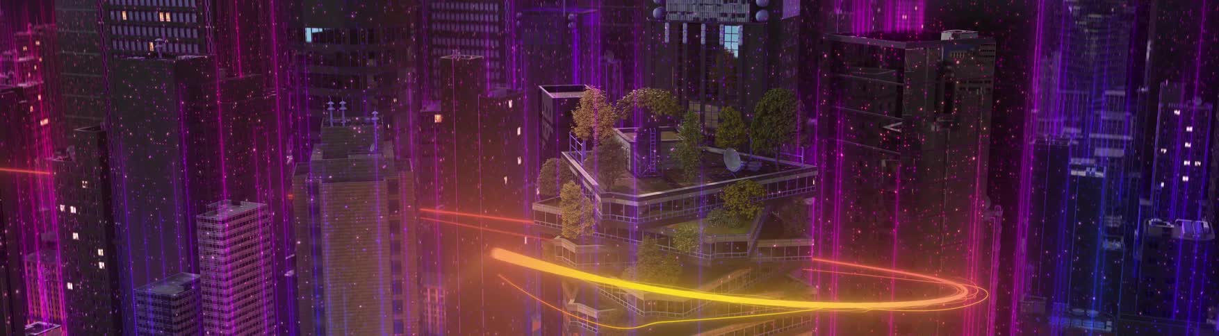 The animation shows a ray of light shooting around a city