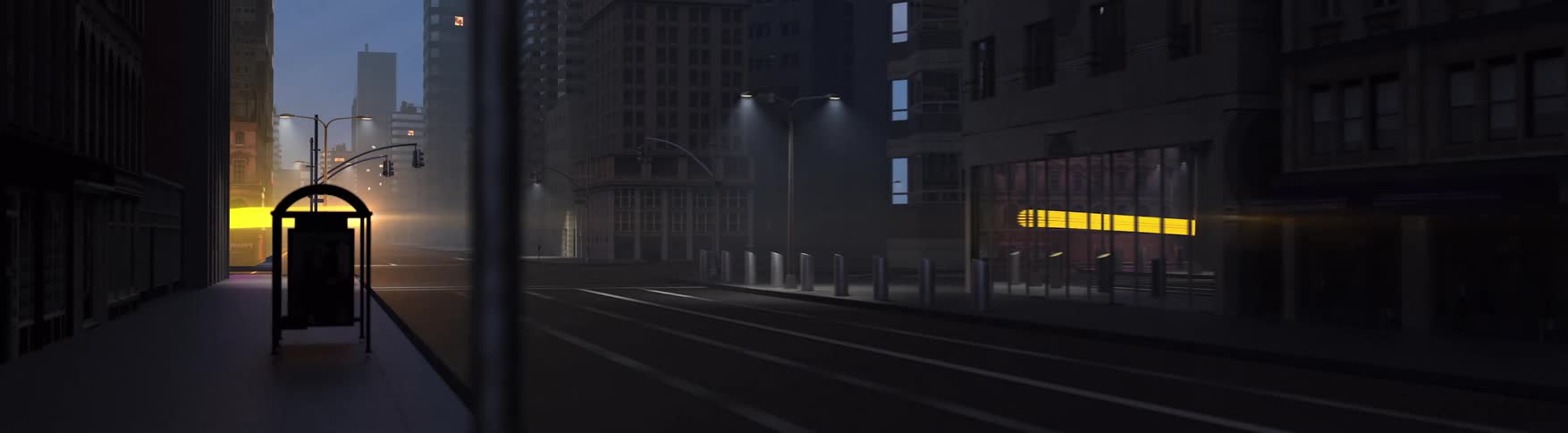 Animation of an abstract yellow streak passing at high speed through a nighttime city
