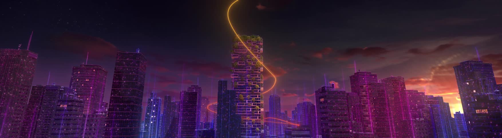 A beam of light spirals around a large skyscraper within a city