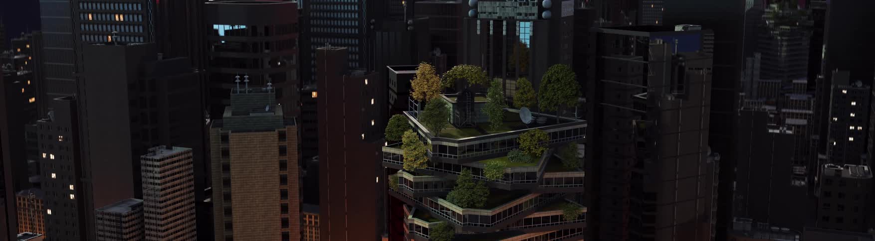 A tower block with a lush garden on the roof of a skyscraper
