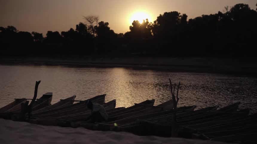 A man tends to canoes docked on a river