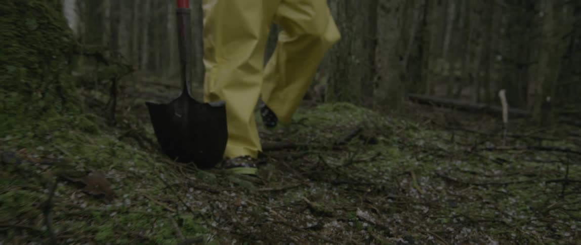 Person walking through the woods carrying a shovel