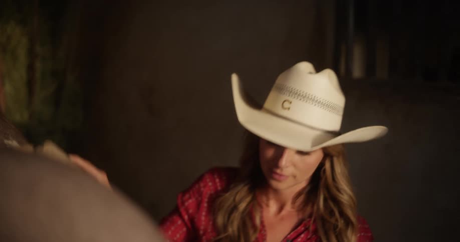 Portrait of a cowgirl cleaning her horse inside the ranch