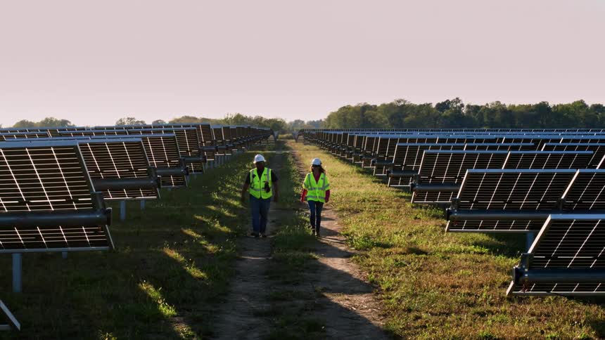 Aerial of two workers walking in between solar panel rows in the morning