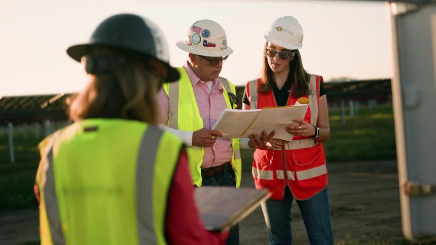 Engineers and technicians analyze paperwork in solar field