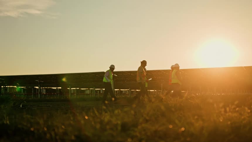 Five people wearing safety gear walk across a solar farm