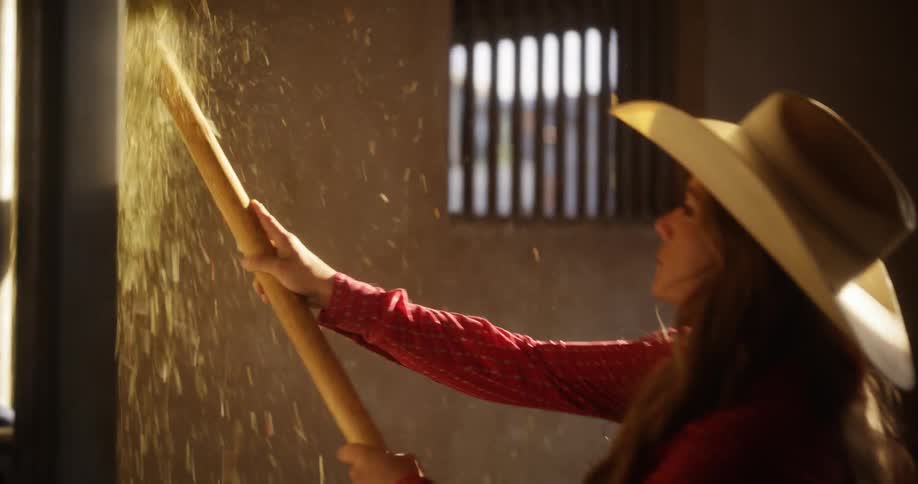 Woman feeding a horse and placing food for it in a ranch