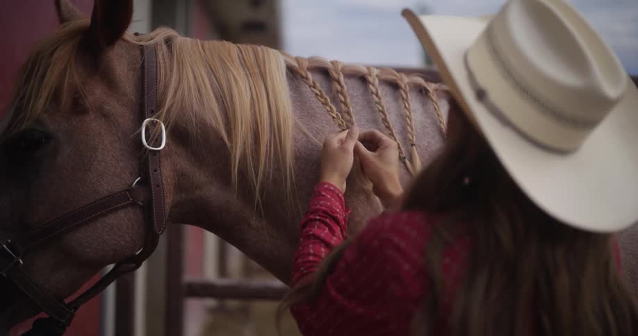 A woman wearing a cowboy hat braids a horses mane
