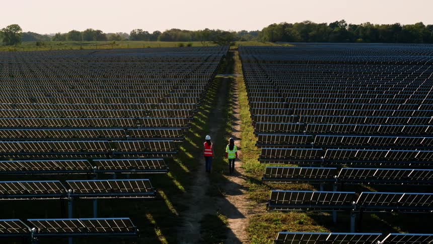 Two workers walking between solar panels in a photovoltaic field