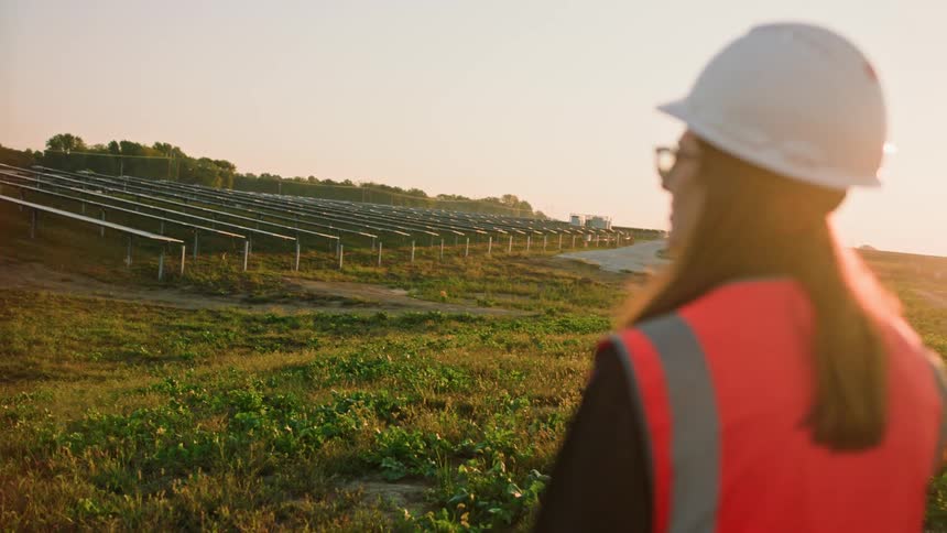 Female engineer contemplatively looking at a solar installation at sunset