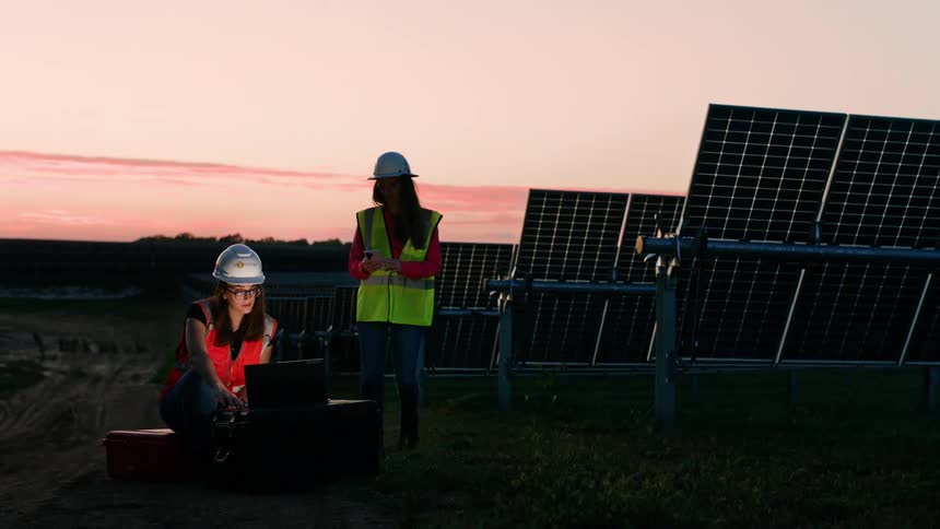 Two female coworkers wearing hard hats are working on a laptop next to solar panels at dusk