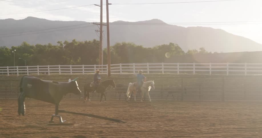People are riding horses past the fence