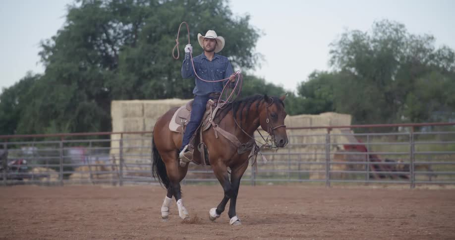 A cowboy riding a horse while flicking a rope