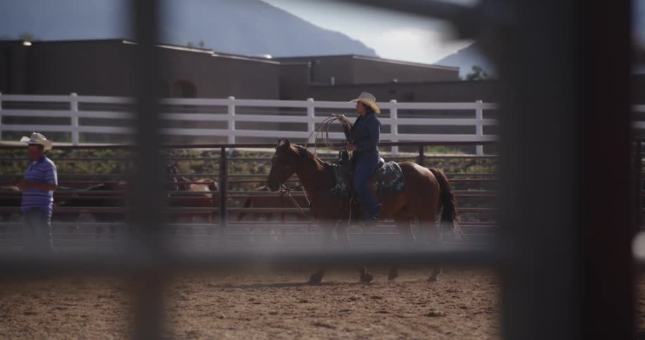Cowgirl rides a horse on a corral