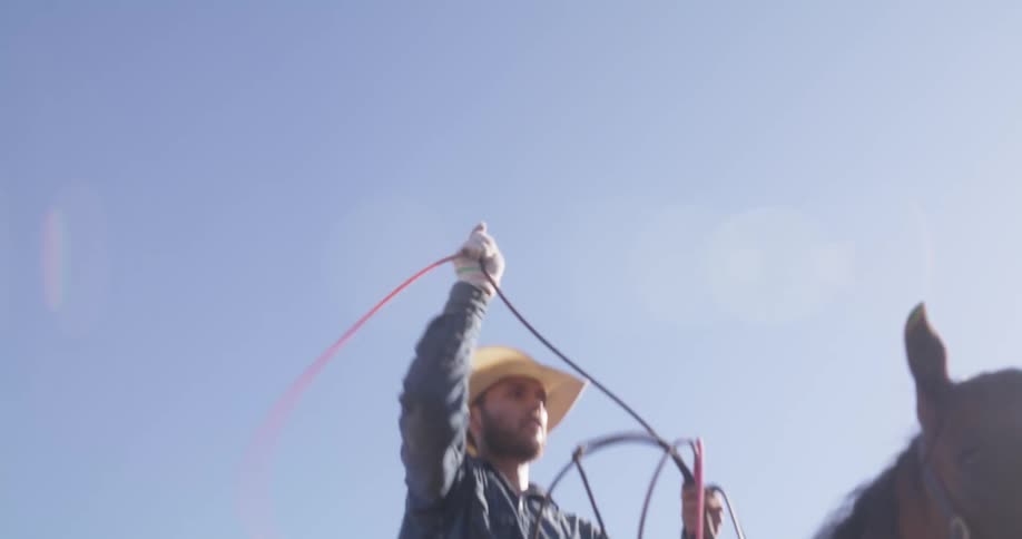 A cowboy on a horse while swinging a rope