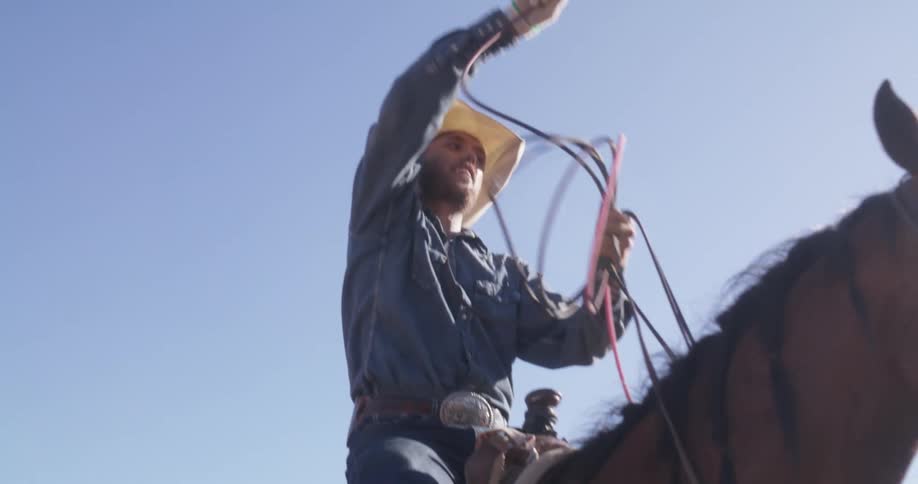 View of a man on a horse swinging a rope
