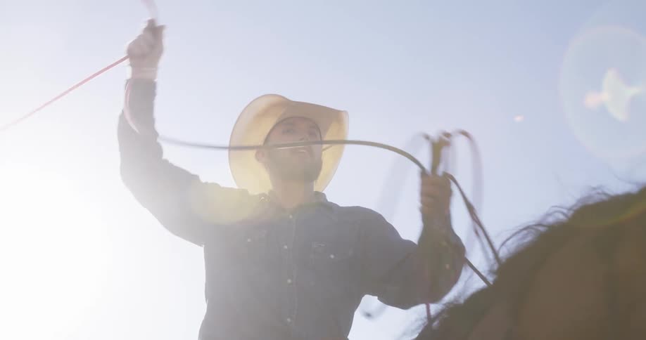 A cowboy riding a horse is practicing his cattle roping skills using a lasso