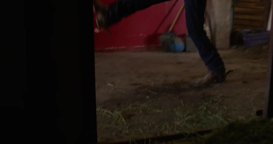 Cowboy walking inside a ranch and kicking an upset bucket
