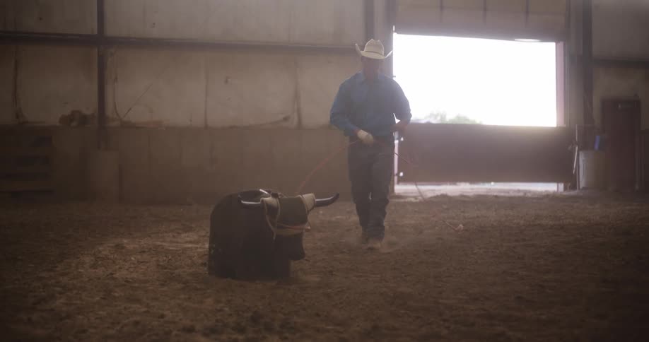 A cowboy is practicing catching cattle with his lasso in a barn
