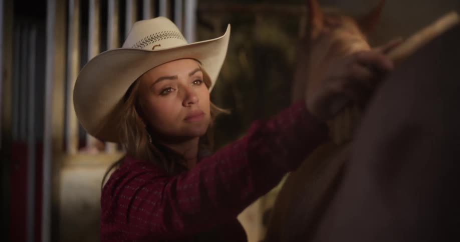 A woman wearing a cowboy hat brushes a horses back carefully