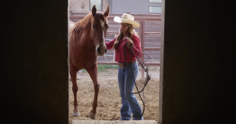 A female in a cowboy leads a horse to the doorway of a barn removes the rope lead pets it and walks it through the doorway