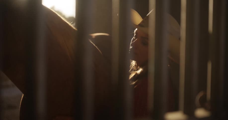 Cowgirl tends a horse in the stable at sunset