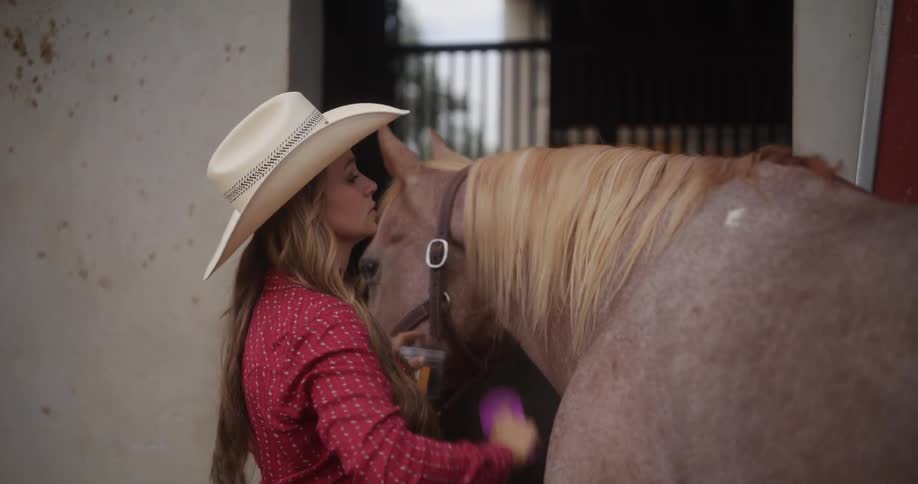 A woman wearing a cowboy hat is brushing the hair of a horse in a stable