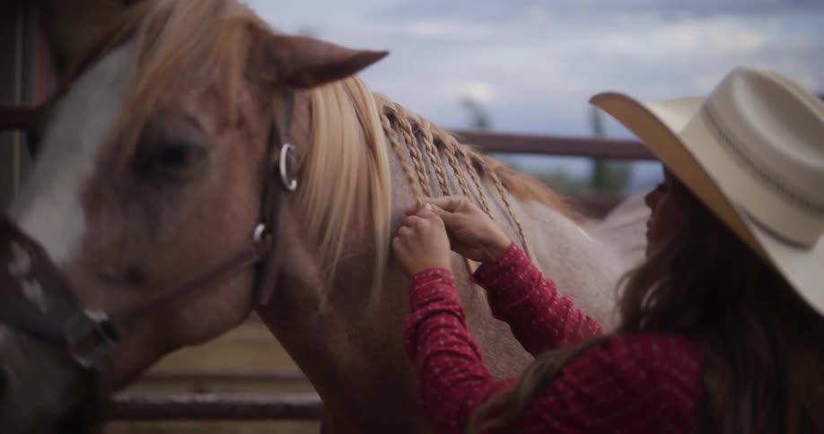 A woman is braiding the horses hair