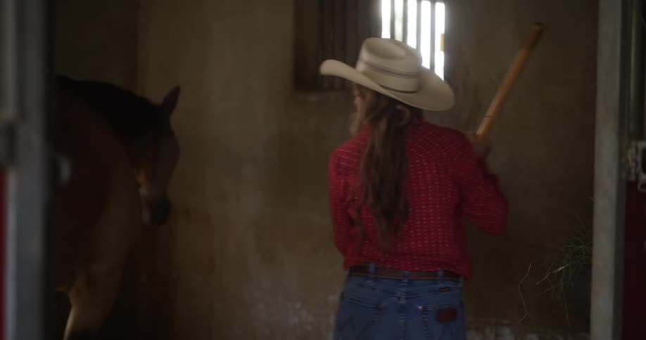 A woman cleaning a horses corral