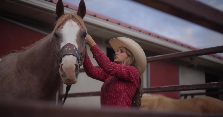 A blonde woman in a hat is stroking a horse