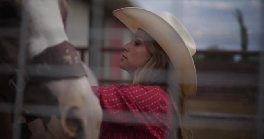 A woman caring for a horse in the ranch