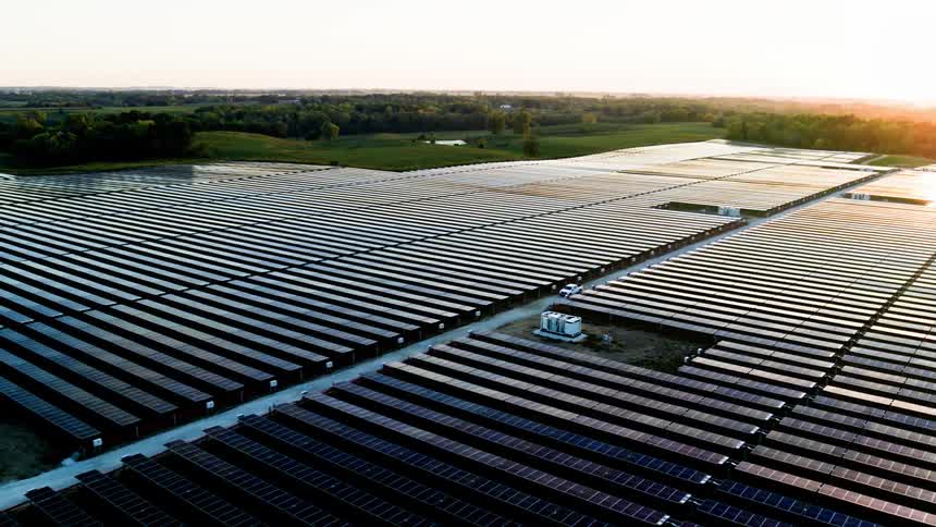 Aerial view of a solar power plant at dusk