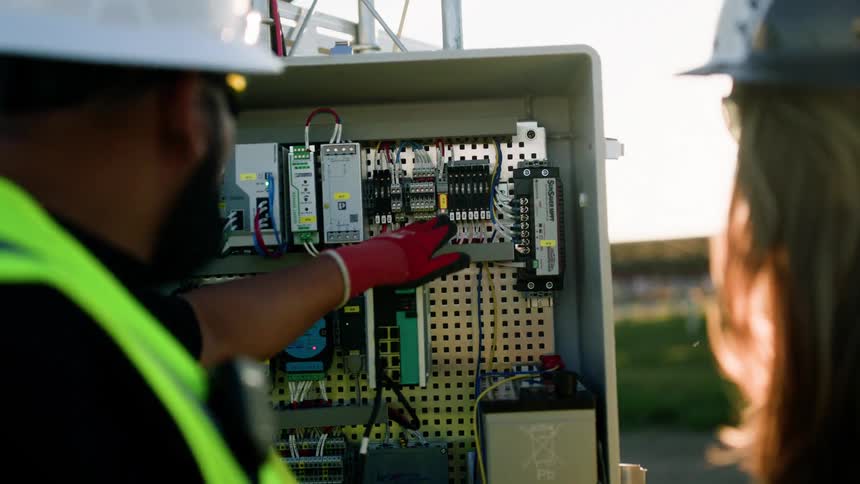 Workers analyzing an energy panel