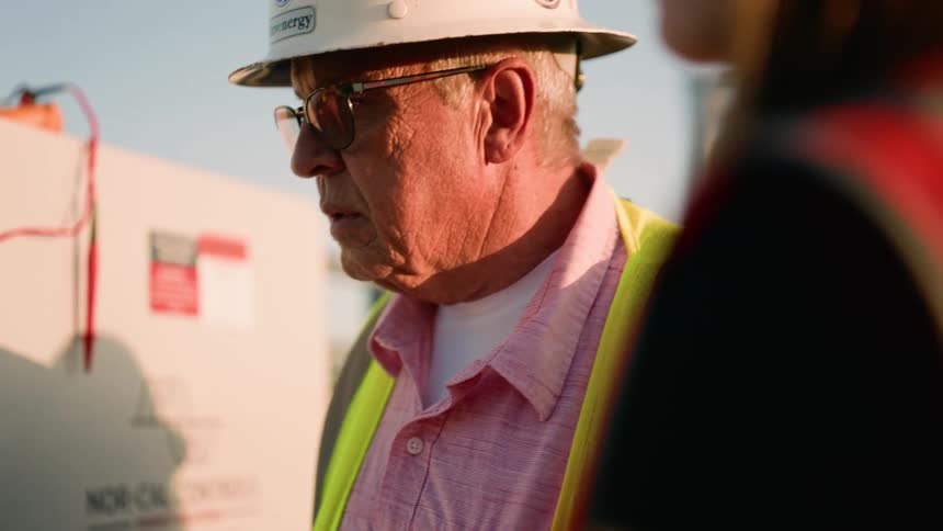 Solar worker stands in front of a control box reading something off of a stack of papers in his hand