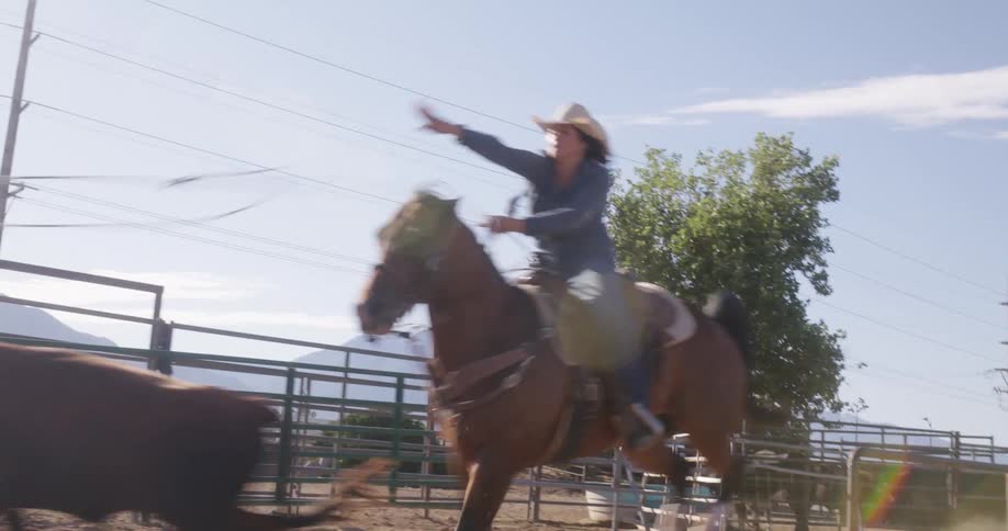 A bull is released from a chute and a woman on horseback chases after attempting to tame it