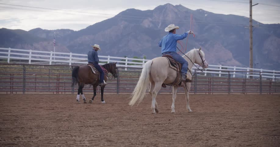 Two cowboys on top of horses on a ranch and one of them is spinning a rope