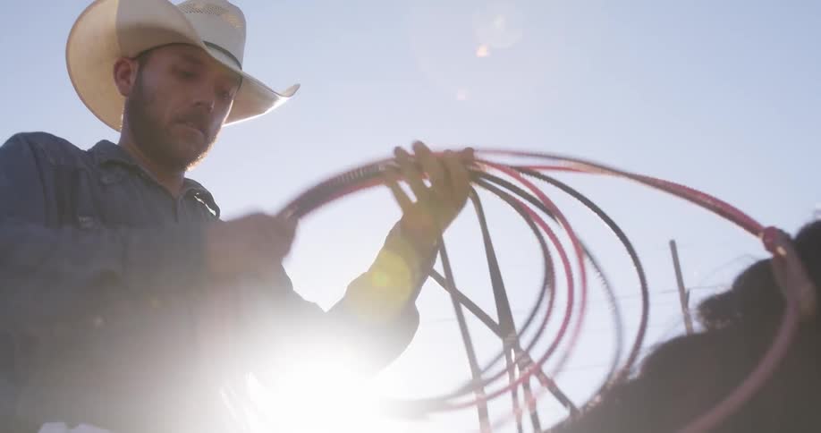 A cowboy riding a horse holding a rope lasso in his hands