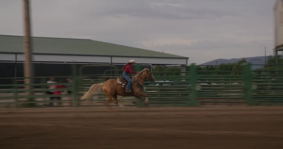 Woman on top of a horse riding at high speed