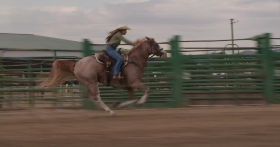 Cowgirl galloping on a horse in the rodeo