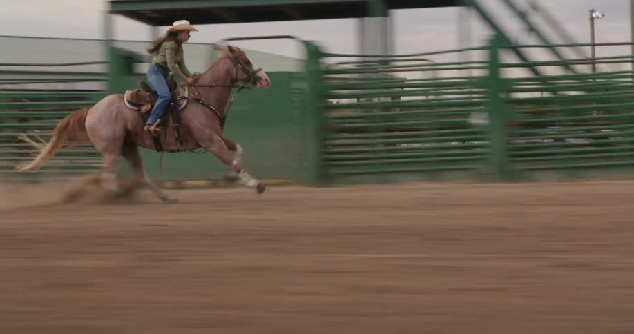 Lady rides a horse in an enclosed space during the day