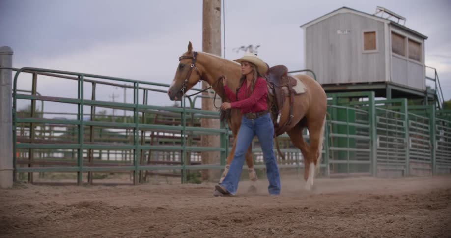 Woman walking alongside her horse in a rodeo arena