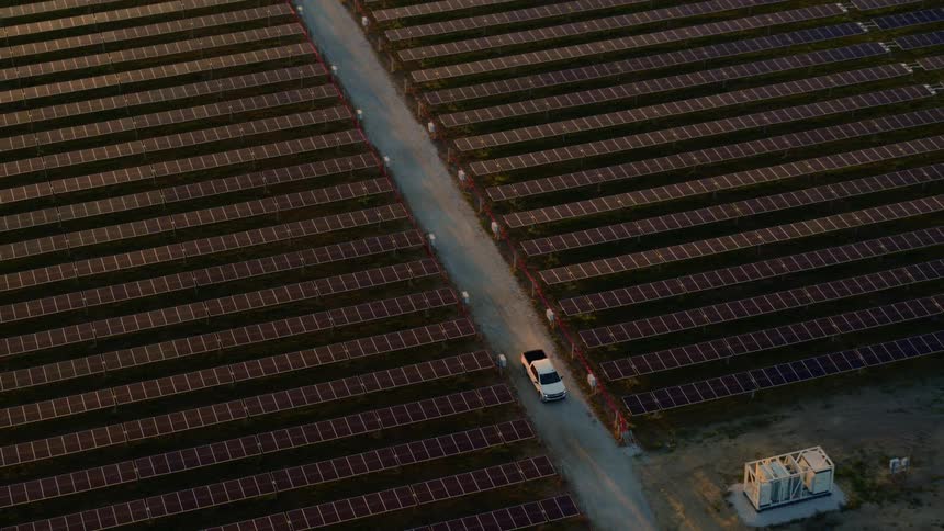 A white pickup truck travels on a narrow road between solar arrays on a solar farm