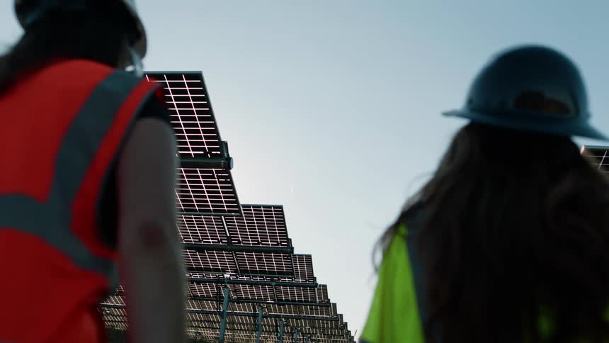 Female utility workers walk toward solar panels on a solar farm