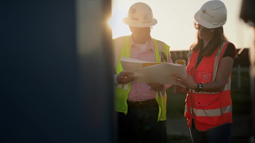 Senior and female construction workers collaborate in a solar field