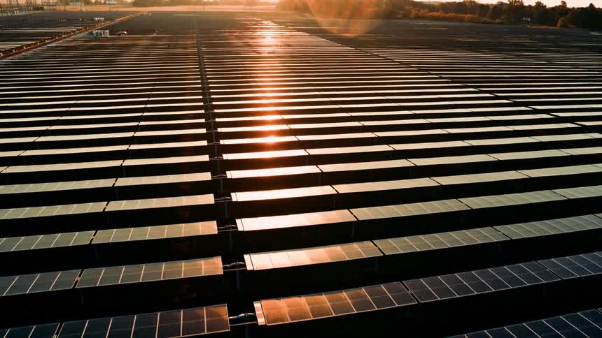 Beautiful evening light reflects off rows of solar panels on a solar farm