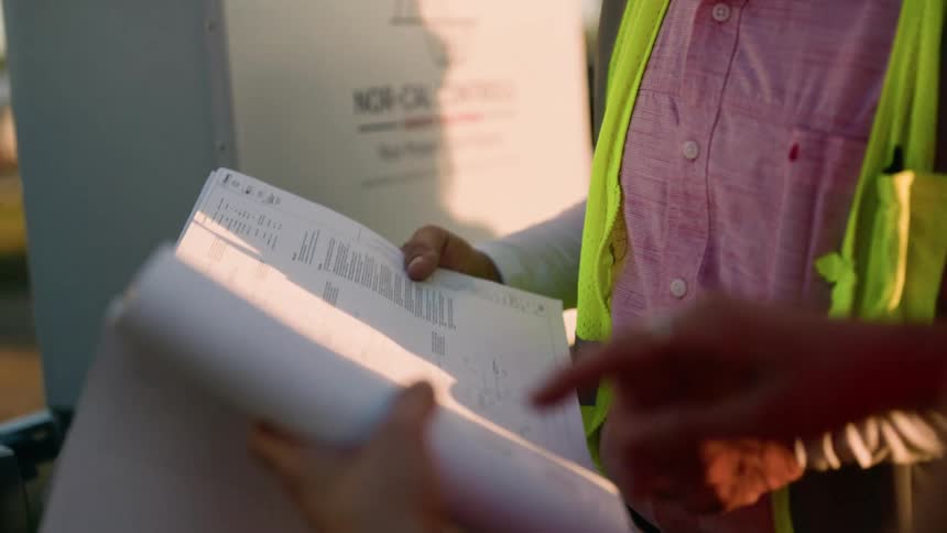 Construction workers reading documents