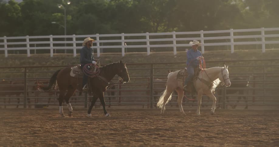 Two men riding horses with ropes in their hands and hats on their heads on a ranch